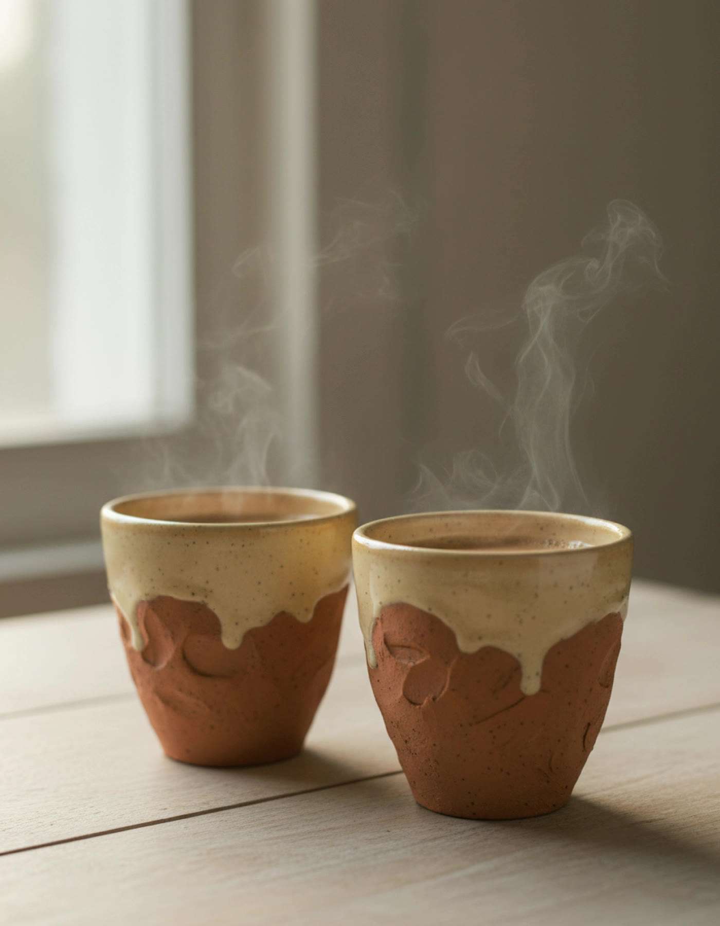 Illustration of a pair of kulhad-style pinch-pot cups filled with steaming chai