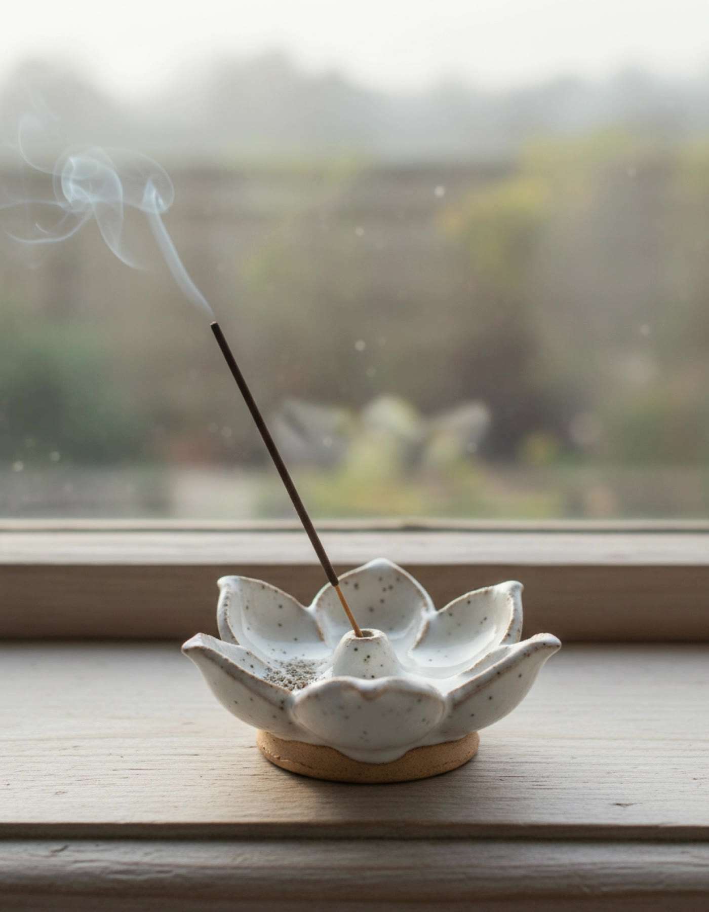 Illustration of a white lotus-shaped ceramic incense holder with a burning stick on a windowsill
