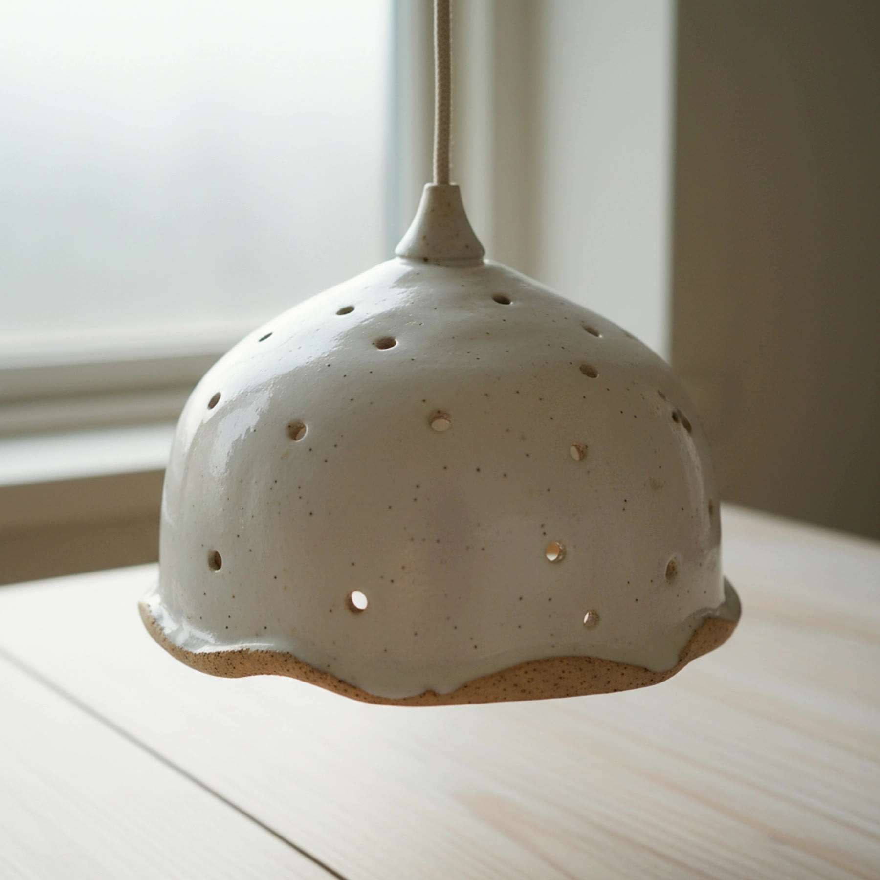Illustration of an unlit white dome lampshade with small hand-pierced holes