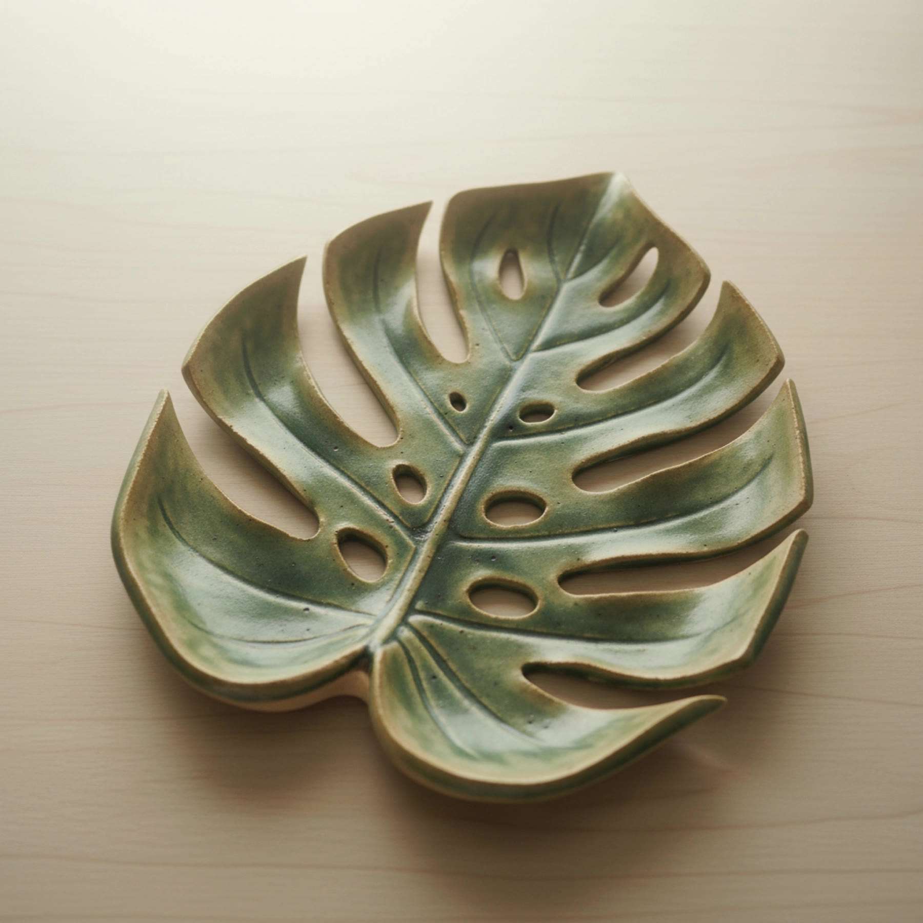 Illustration of an empty green monstera-leaf plate with pressed veins