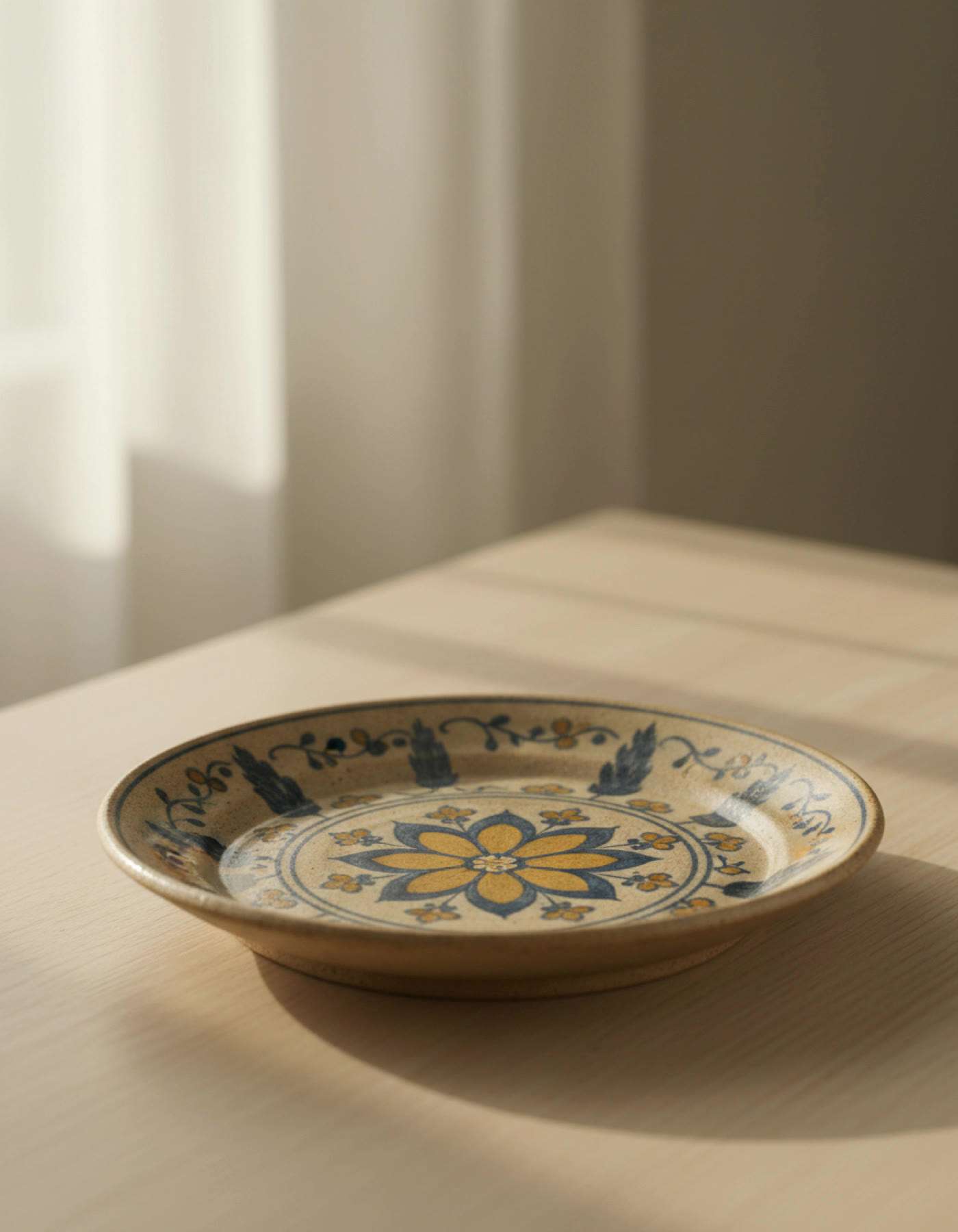 Illustration of a stoneware plate painted with a blue and ochre lotus medallion and a cypress border