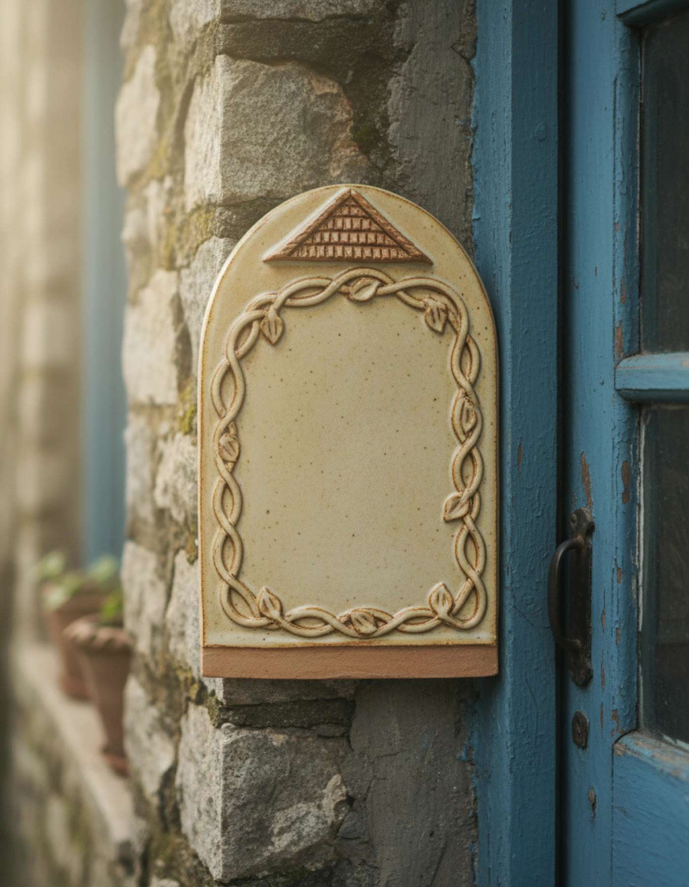 Illustration of an arched ceramic house plaque with a vine border beside a blue wooden door