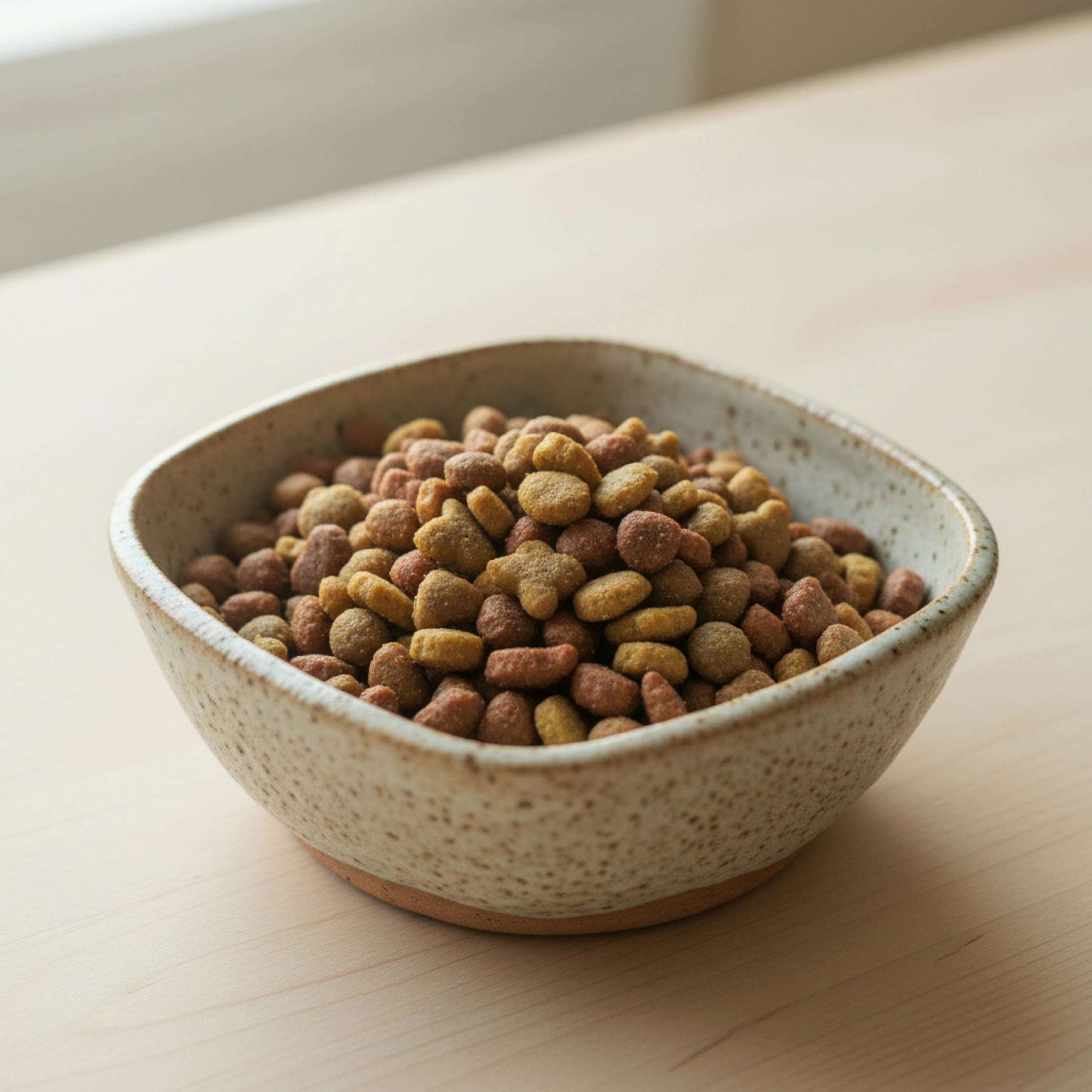 Illustration of a speckled ceramic pet bowl filled with kibble