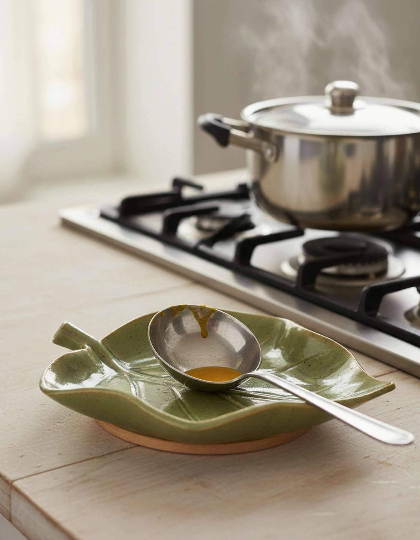 Illustration of a green leaf-shaped ceramic spoon rest holding a ladle beside a stove