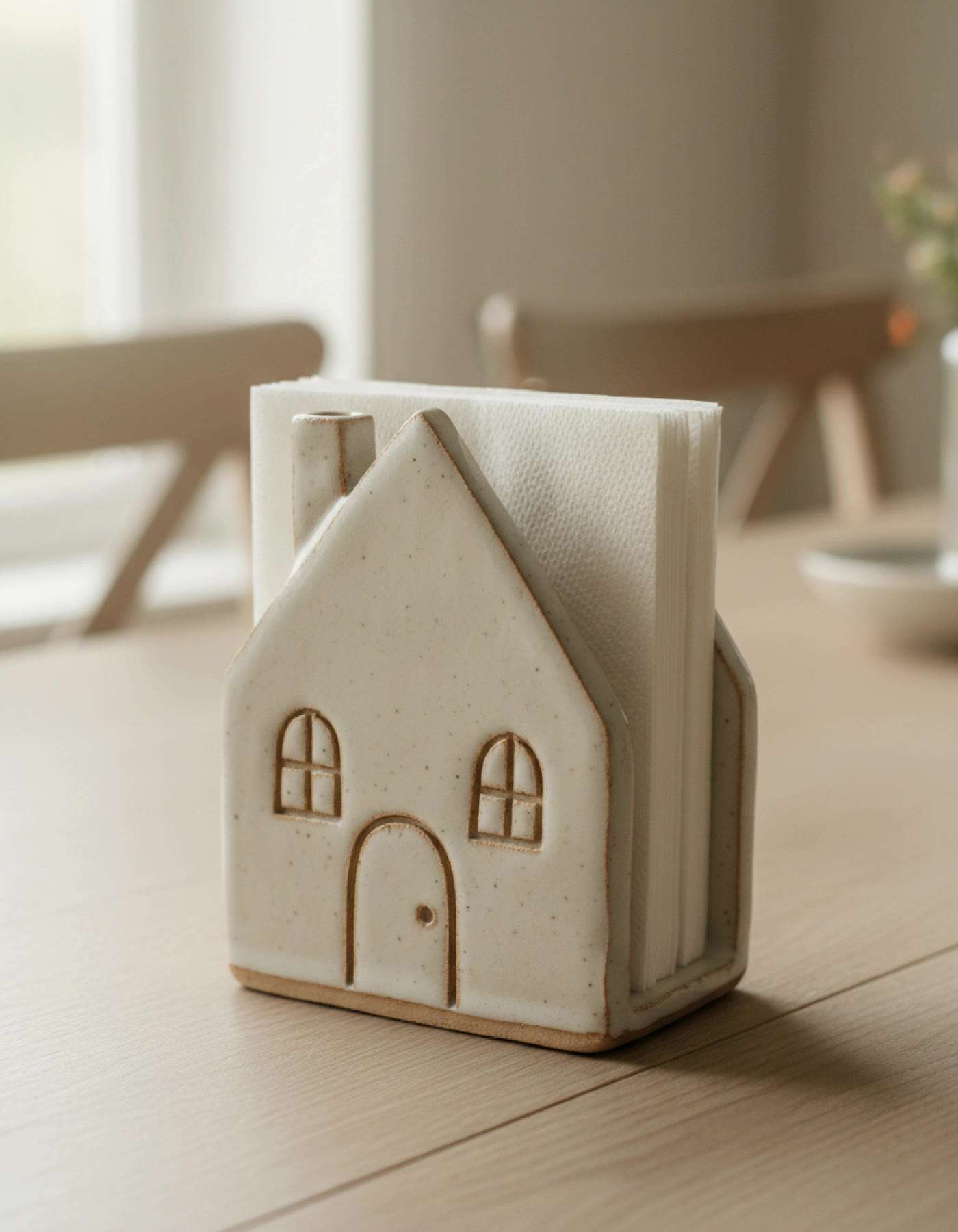 Illustration of a white house-shaped ceramic napkin holder with windows and a door, holding napkins