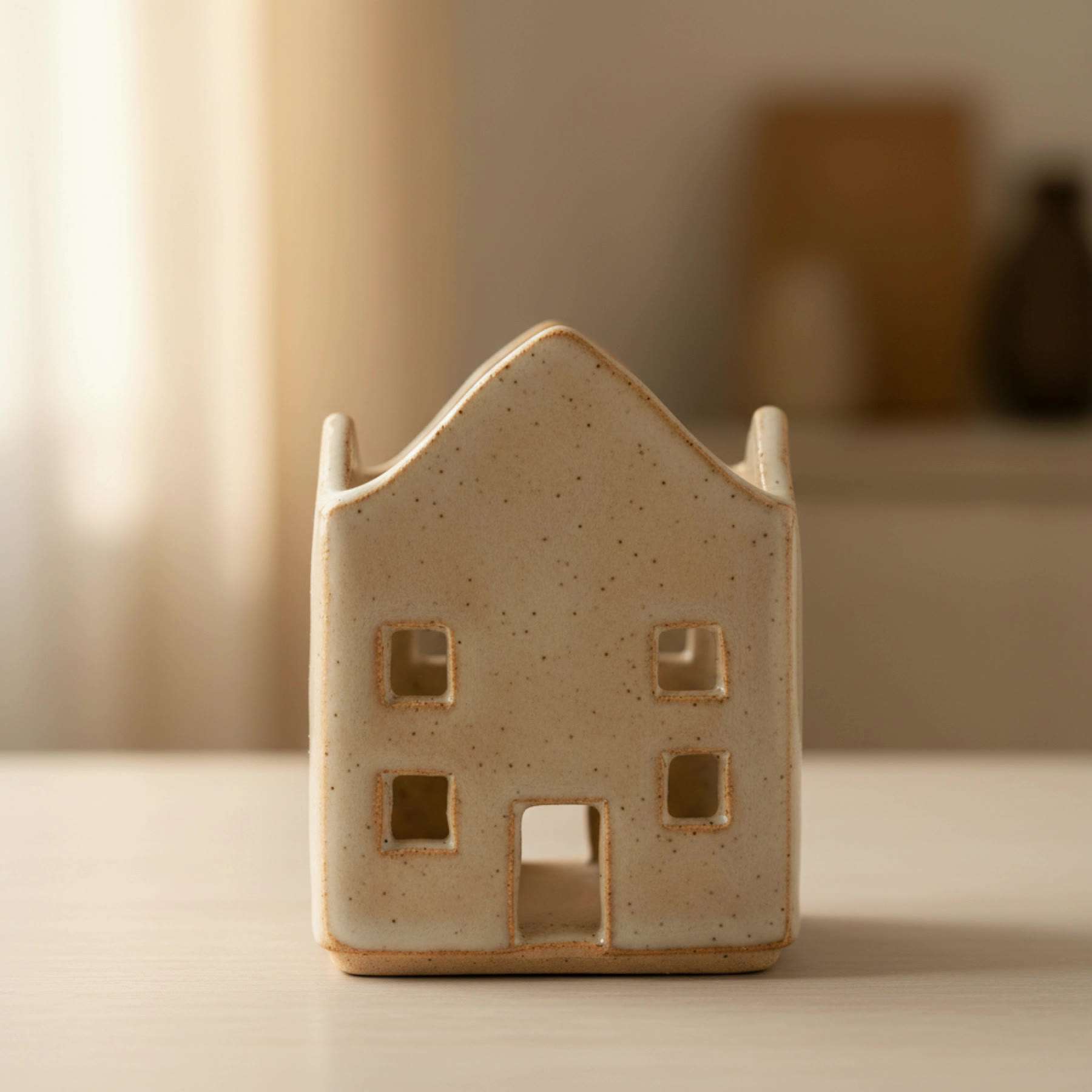 Illustration of an empty house-shaped ceramic napkin holder from the front
