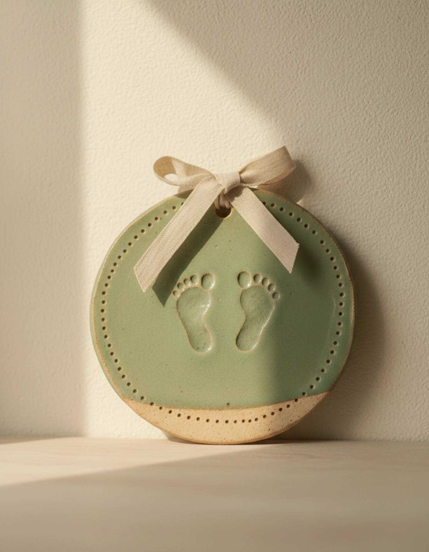 Illustration of a sage-green clay plaque with two baby footprints, hung from a ribbon