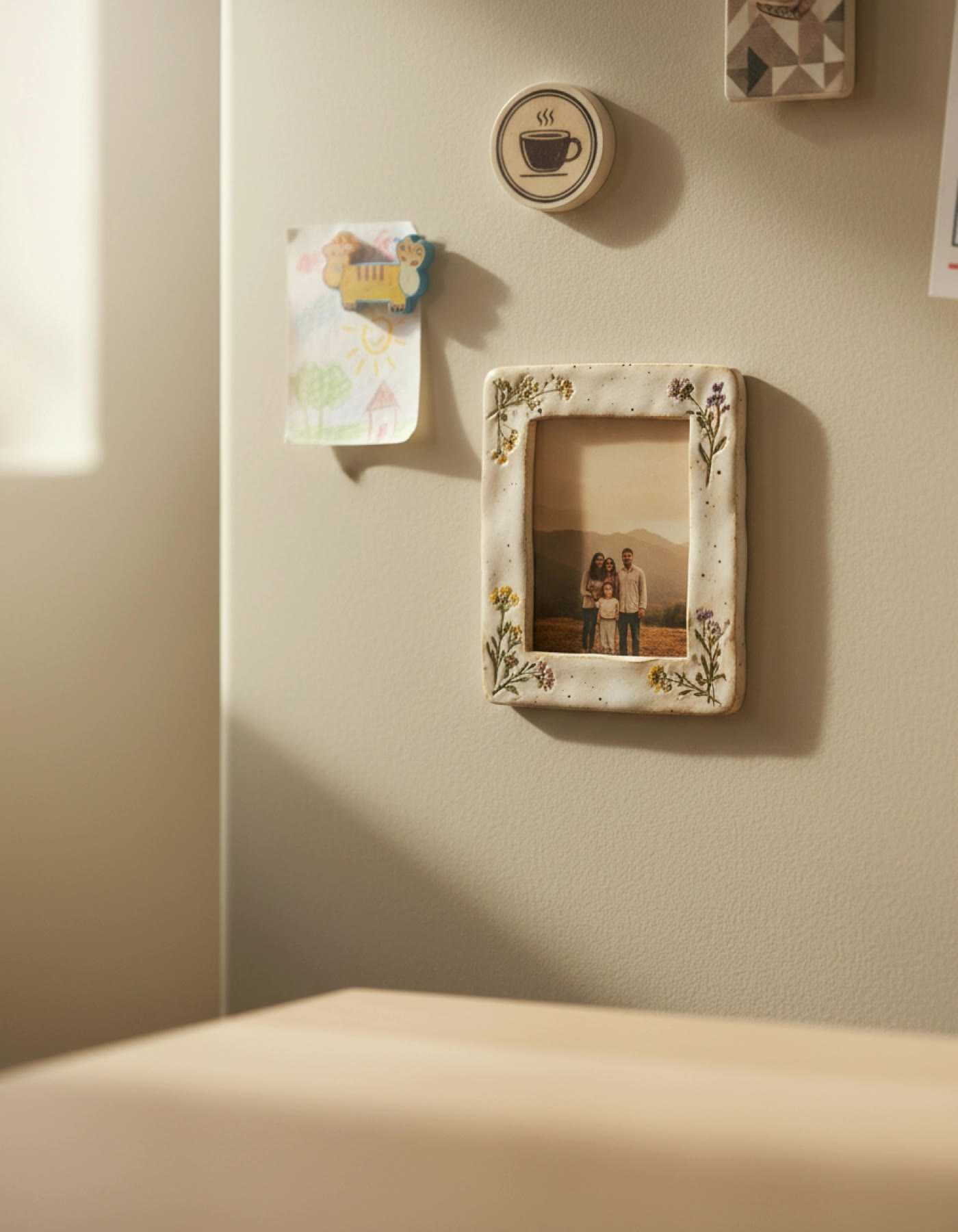Illustration of a small ceramic photo frame with a pressed-flower border on a fridge door