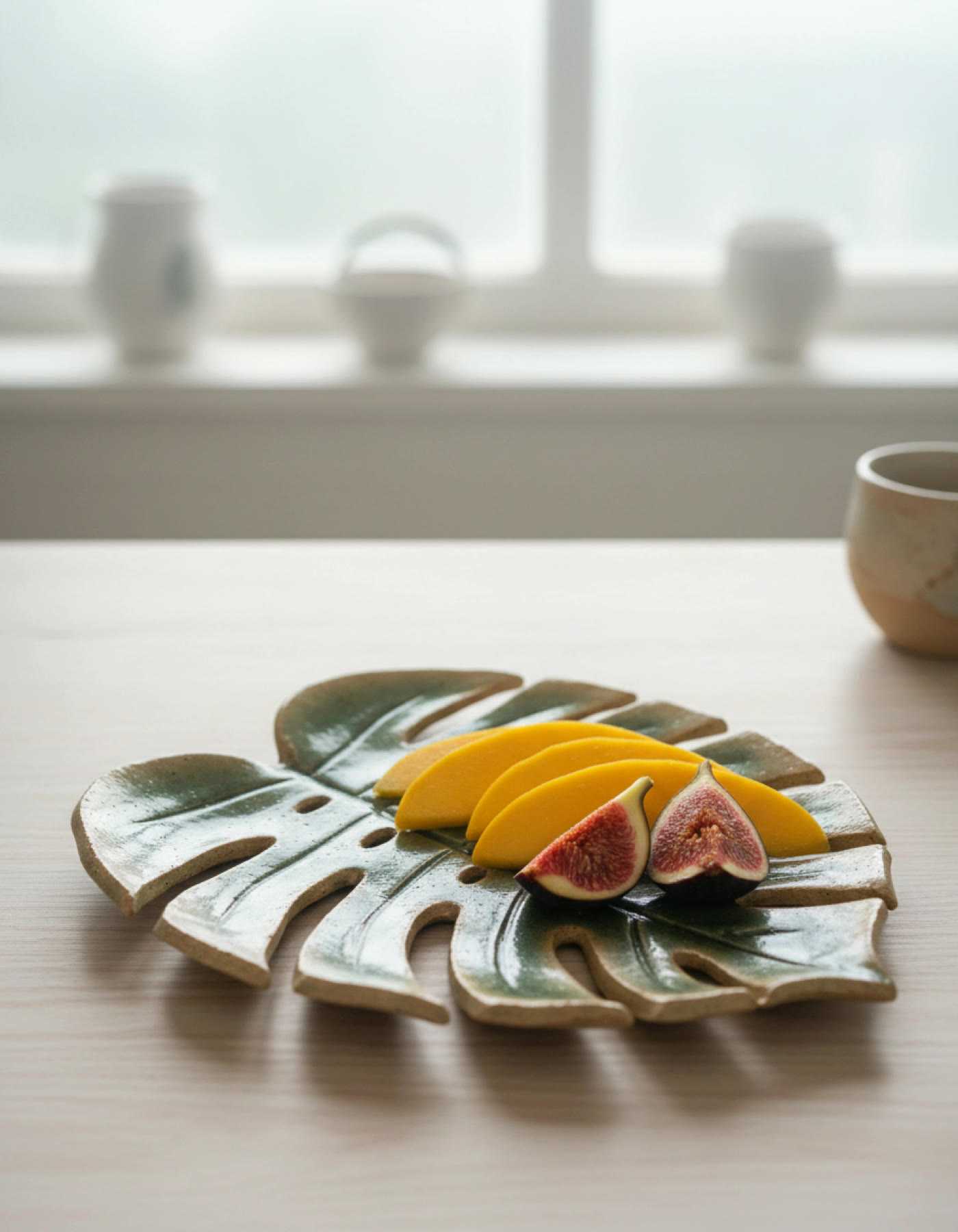 Illustration of a green monstera-leaf ceramic plate holding sliced mango and figs