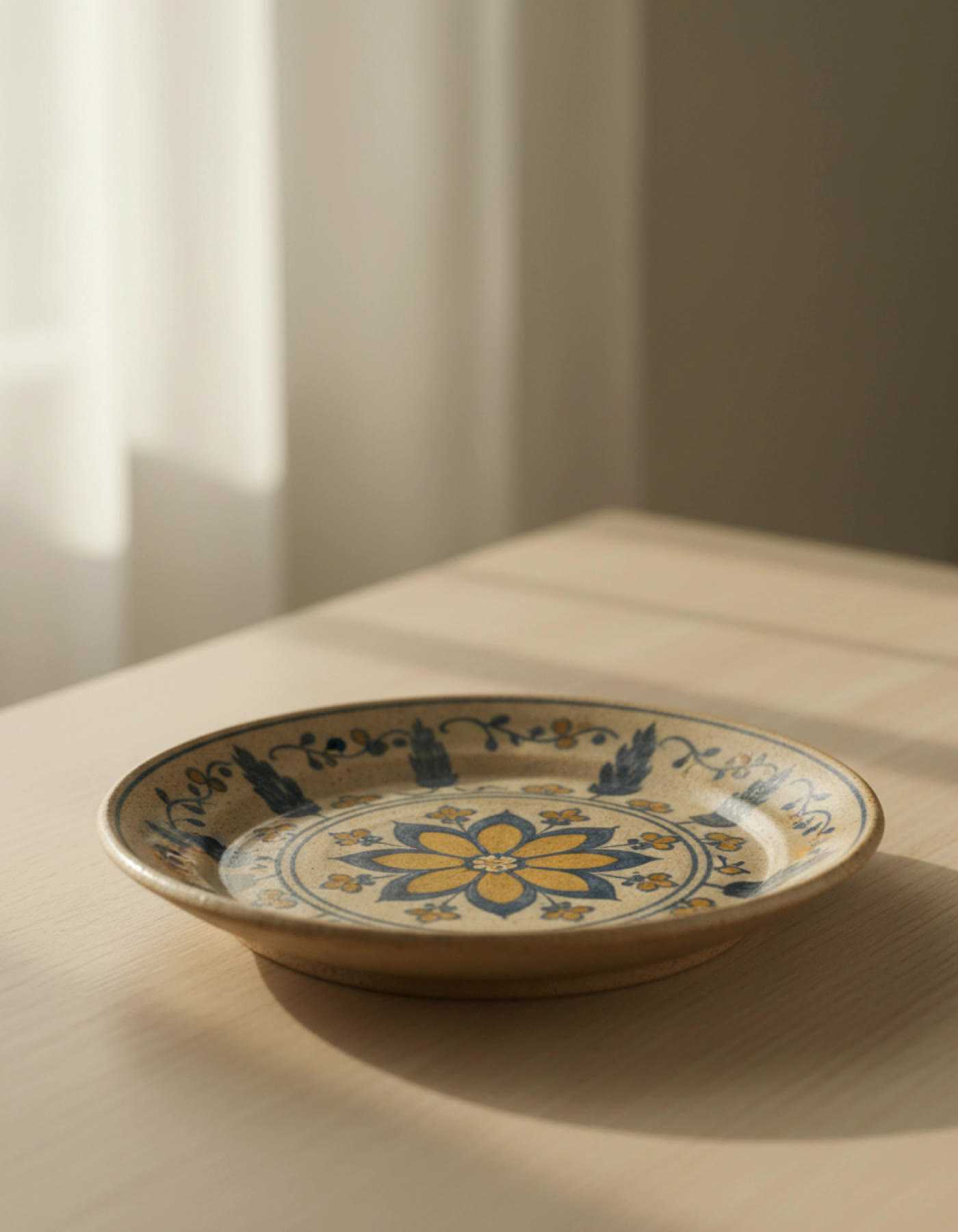 Illustration of a stoneware plate painted with a blue and ochre lotus medallion and a cypress border